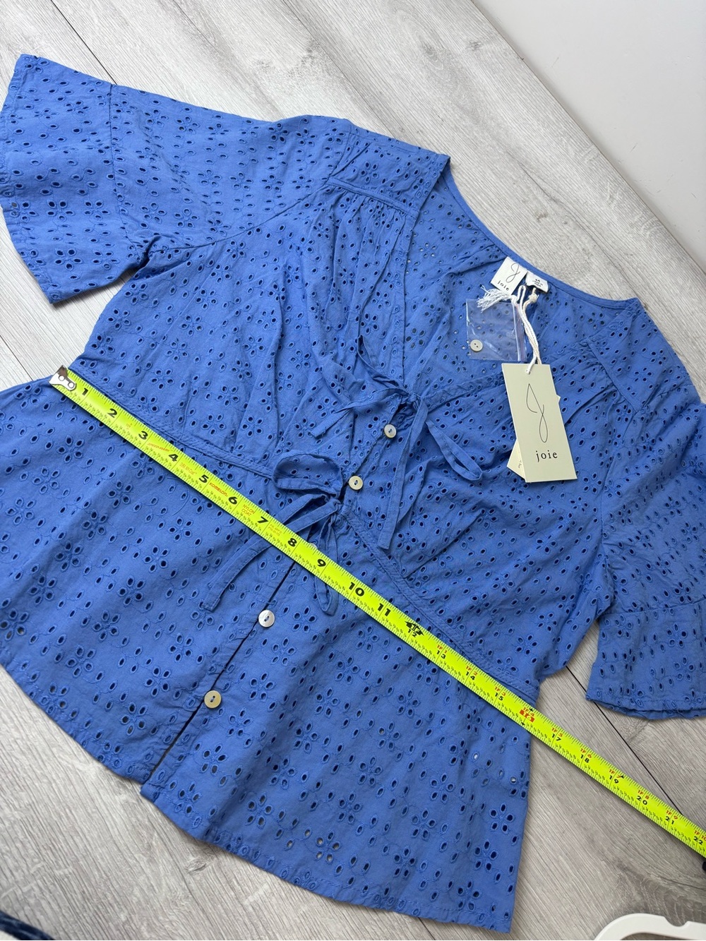 NWT Joie Blue Eyelet Cotton Peplum Tie Front Blouse Top Medium Periwinkle - Picture 7 of 8
